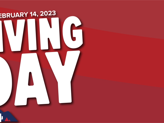 Giving Day logo with cartoon A mountain and hearts
