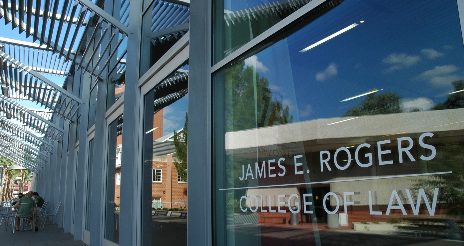 Exterior view of the front entrance to the James E. Rogers College of Law