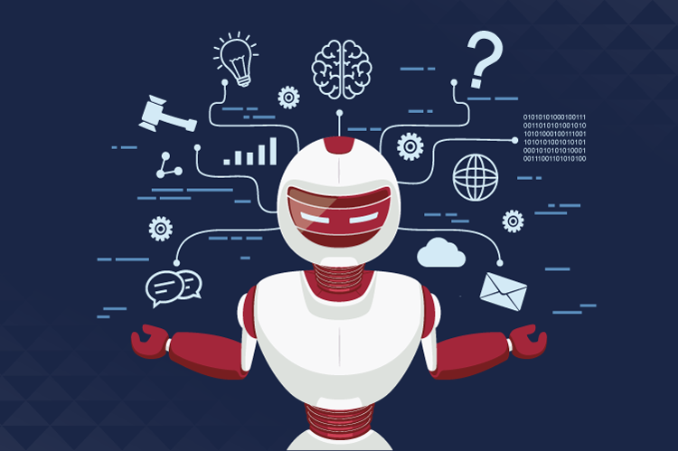 Illustration of a white and red robot juggling icons representing various industries