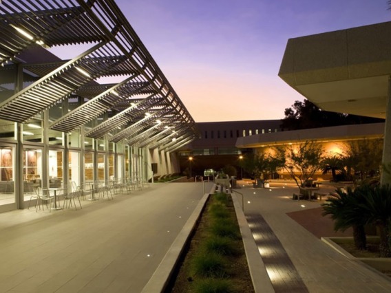 University of Arizona Law courtyard at dusk 