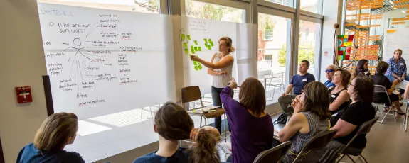 A group discusses ideas in front of a banner of sticky notes during an Innovation for Justice workshop on human trafficking survivors