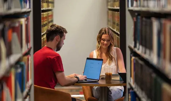 Two students studying in the library