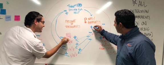 Two University of Arizona Law students work at a whiteboard on an Innovation for Justice project