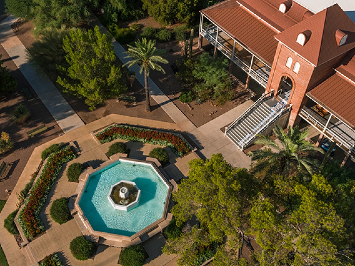 aerial view of university of arizona old main and fountain 