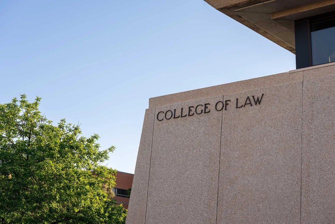 Side of Law School building with "College of Law" letters on the side