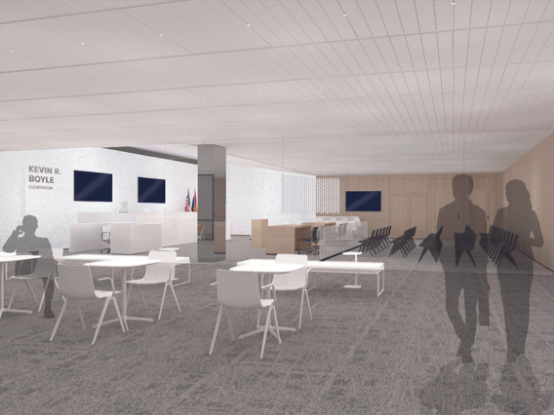 Renderings of the newly update front lobby along with the trial courtroom