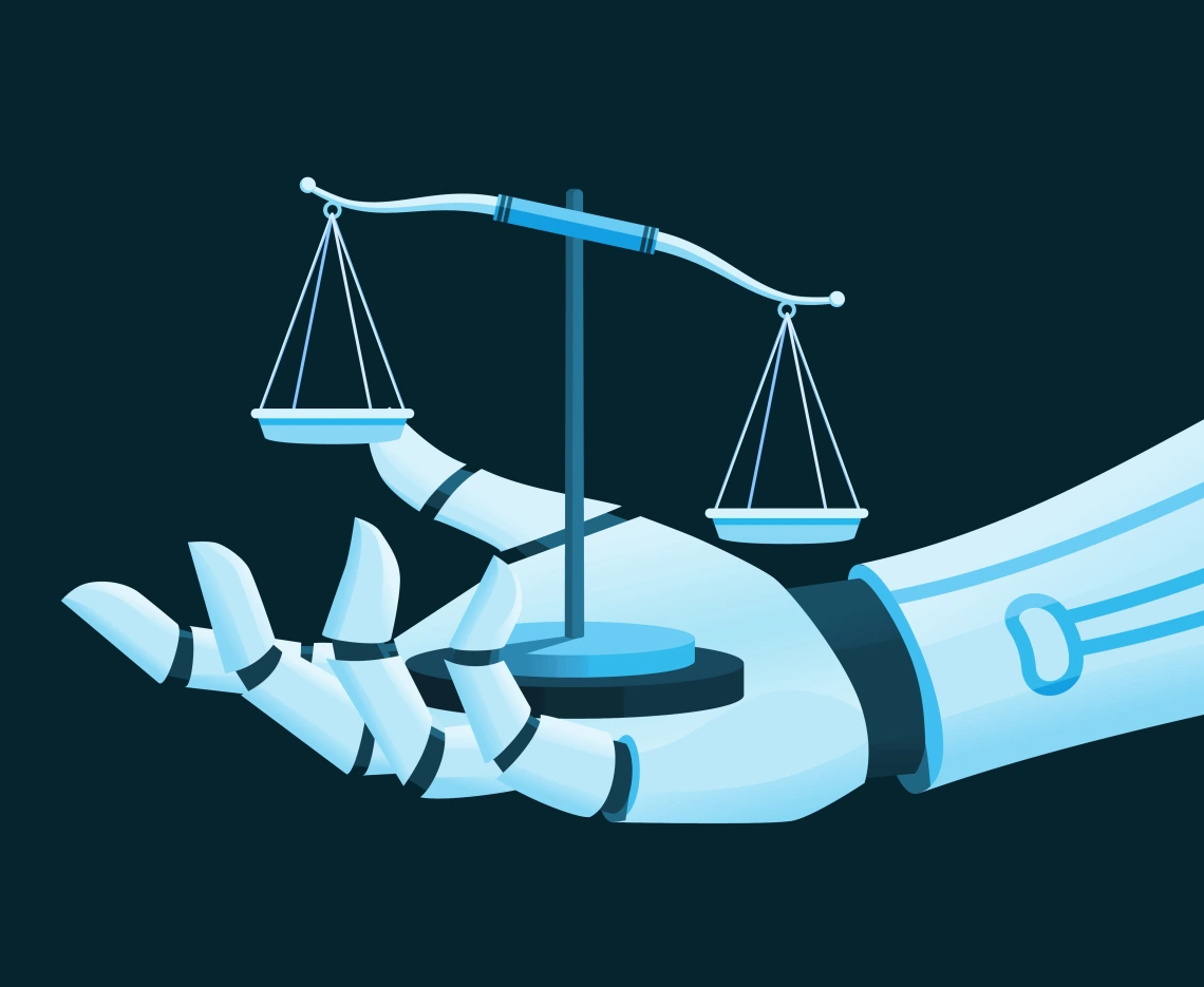 Robotic hand holding the scales of justice. 