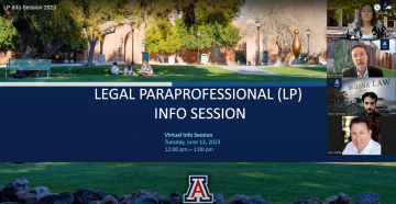 Presentation slide reads Legal Paraprofessional (LP) Info Session, overlaying a campus image