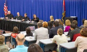 Arizona Supreme Court justices take questions from the audience during a visit to University of Arizona Law